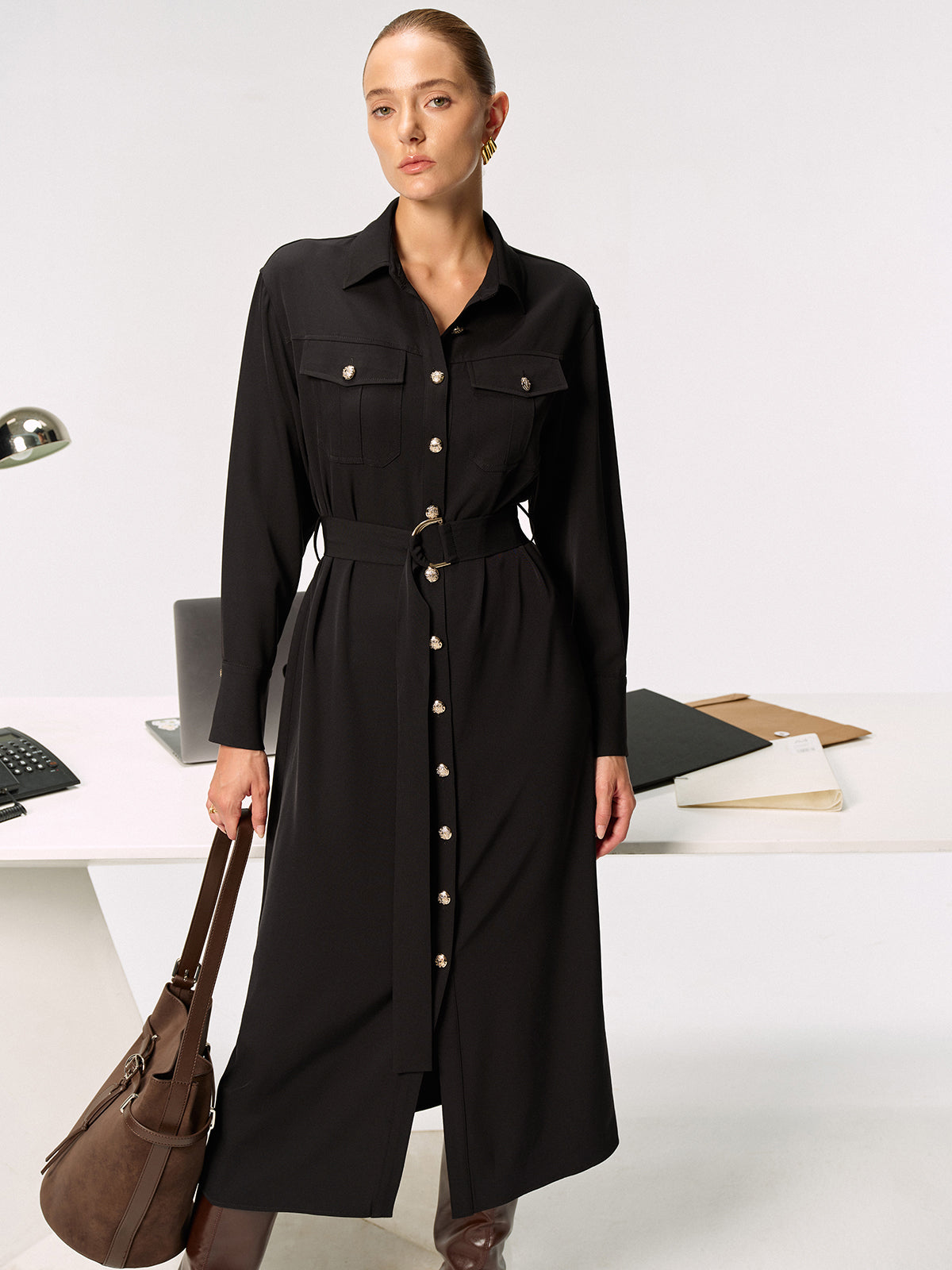 Metal Button-Front Belted Shirt Dress-Chicvia
