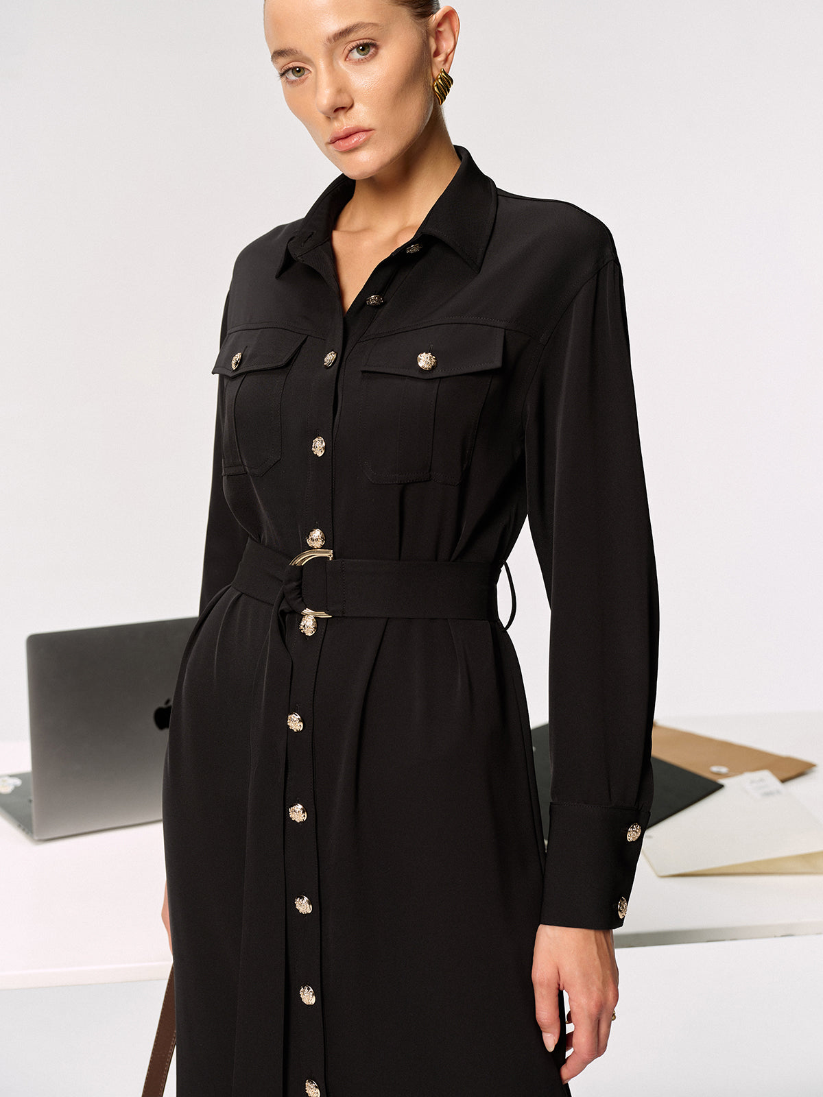 Metal Button-Front Belted Shirt Dress-Chicvia