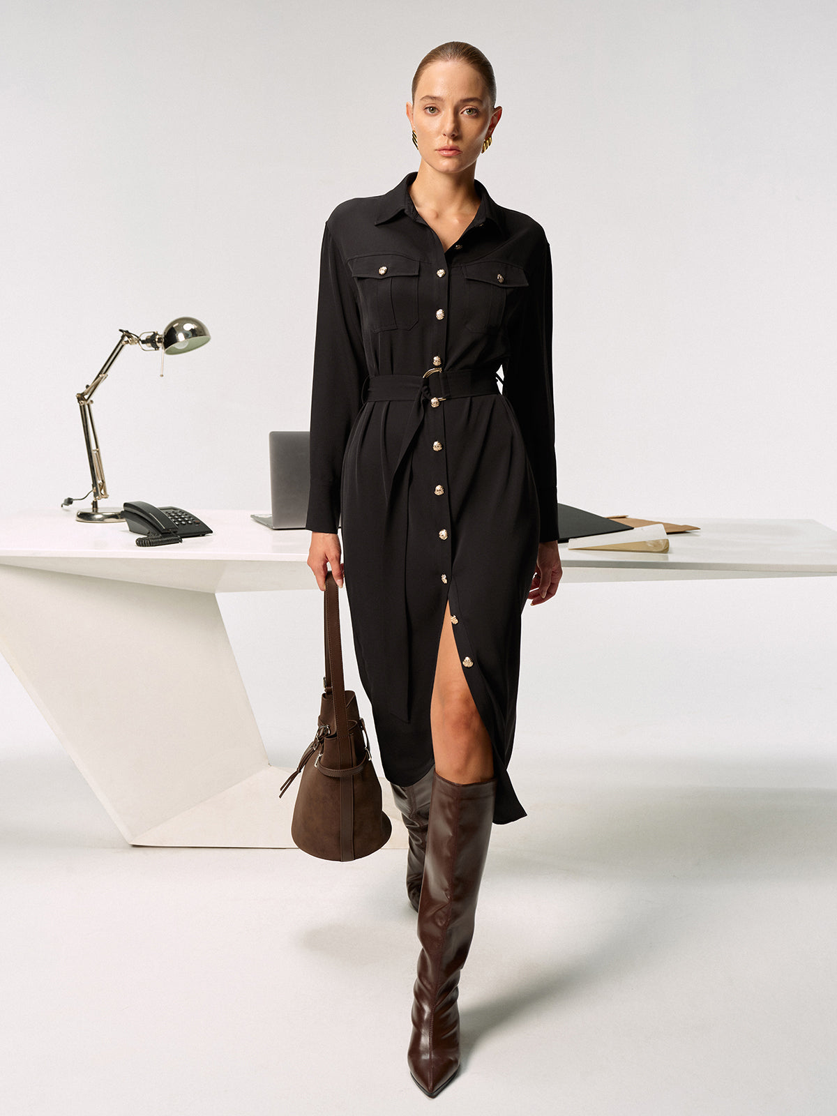 Metal Button-Front Belted Shirt Dress-Chicvia
