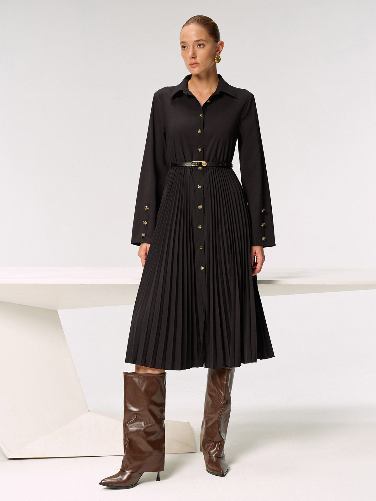 Metal Button Belted Pleated Shirt Dress-Chicvia