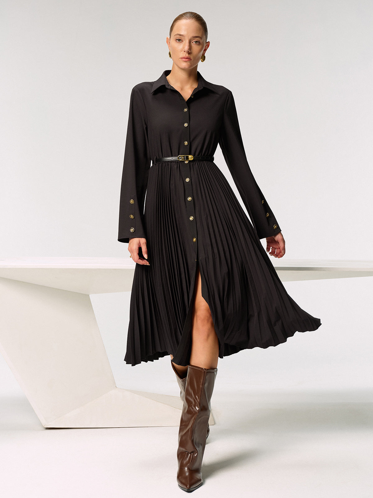 Metal Button Belted Pleated Shirt Dress-Chicvia