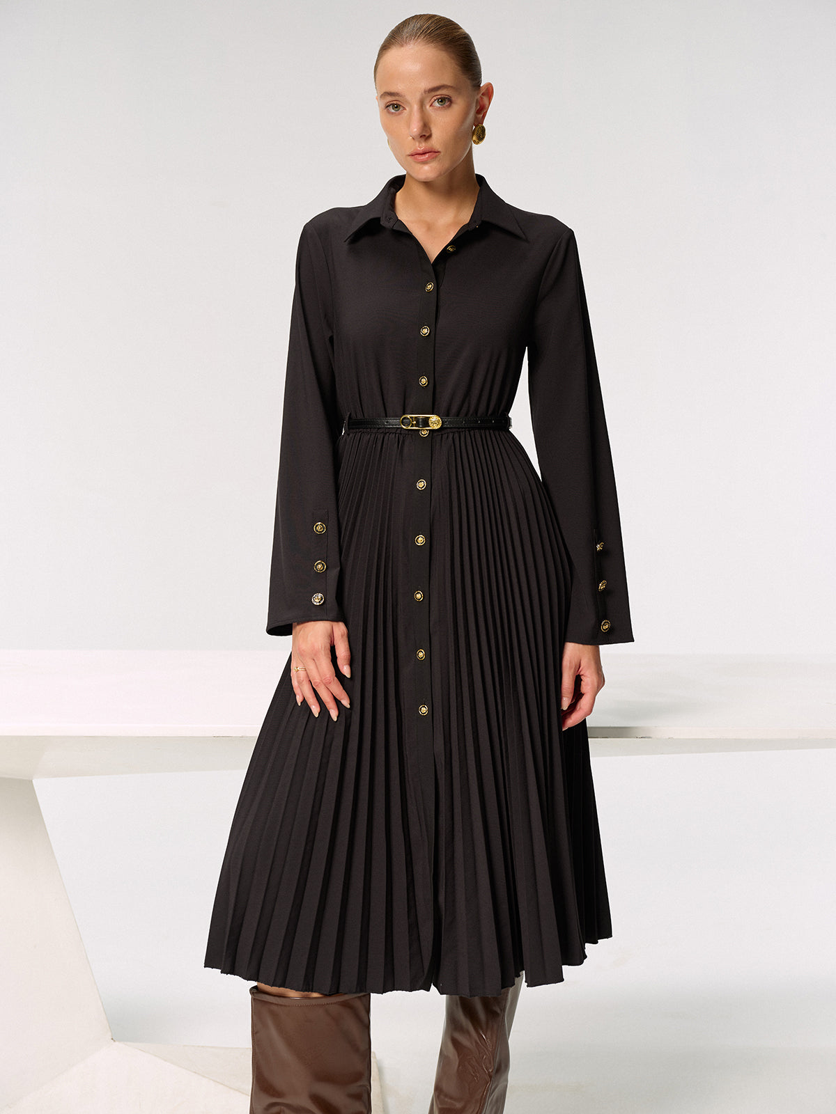 Metal Button Belted Pleated Shirt Dress-Chicvia