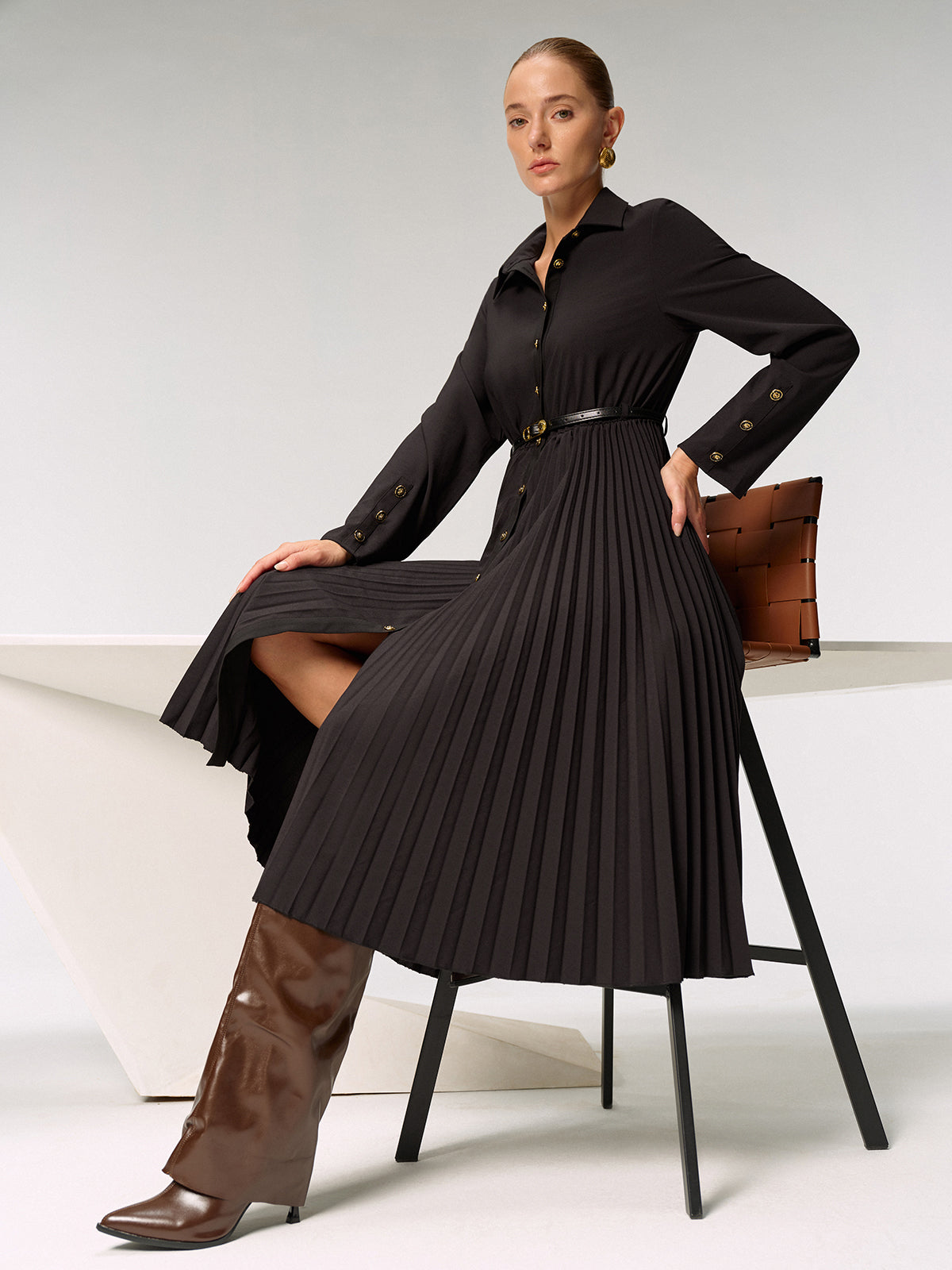 Metal Button Belted Pleated Shirt Dress-Chicvia