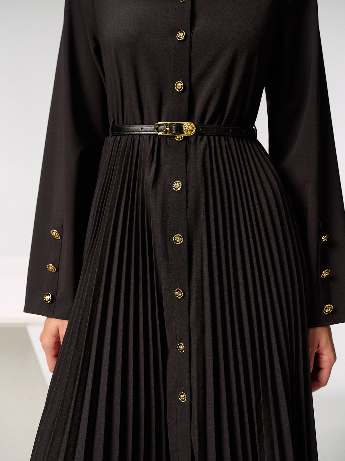 Metal Button Belted Pleated Shirt Dress-Chicvia