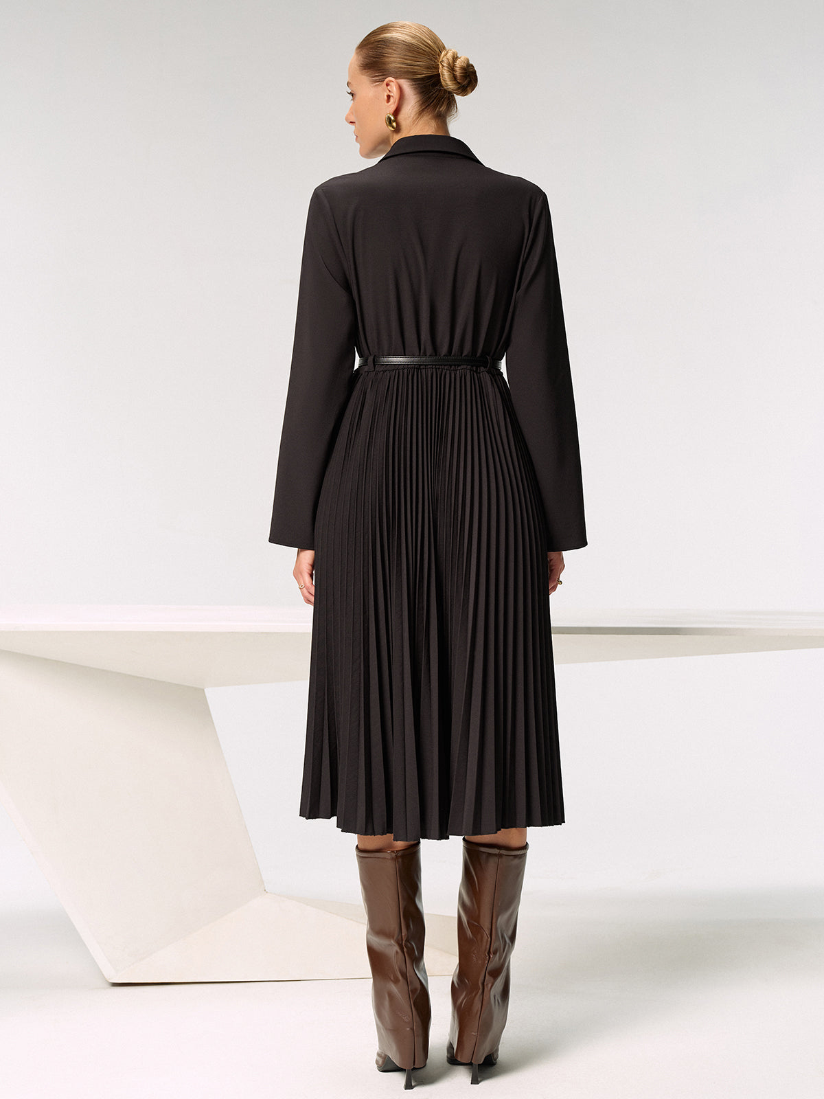 Metal Button Belted Pleated Shirt Dress-Chicvia