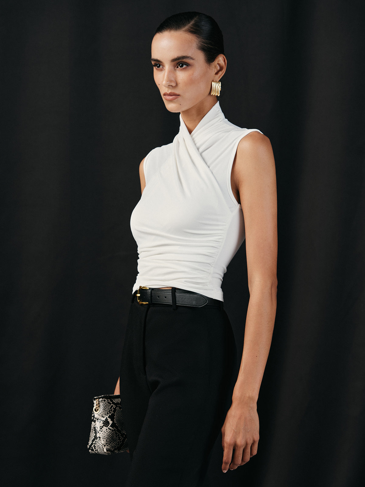 Cross Neck Ruched Tank Top-Chicvia