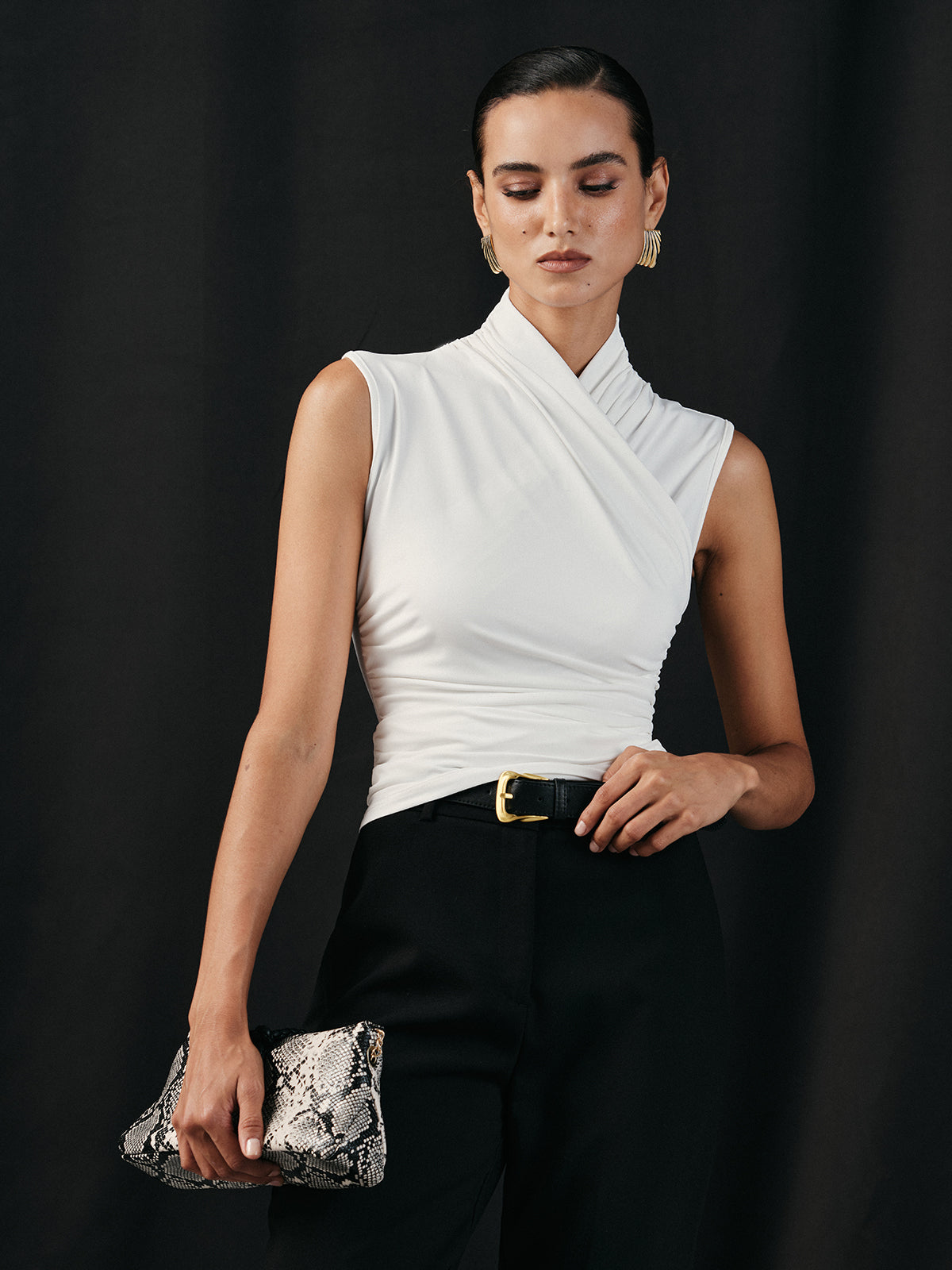 Cross Neck Ruched Tank Top-Chicvia