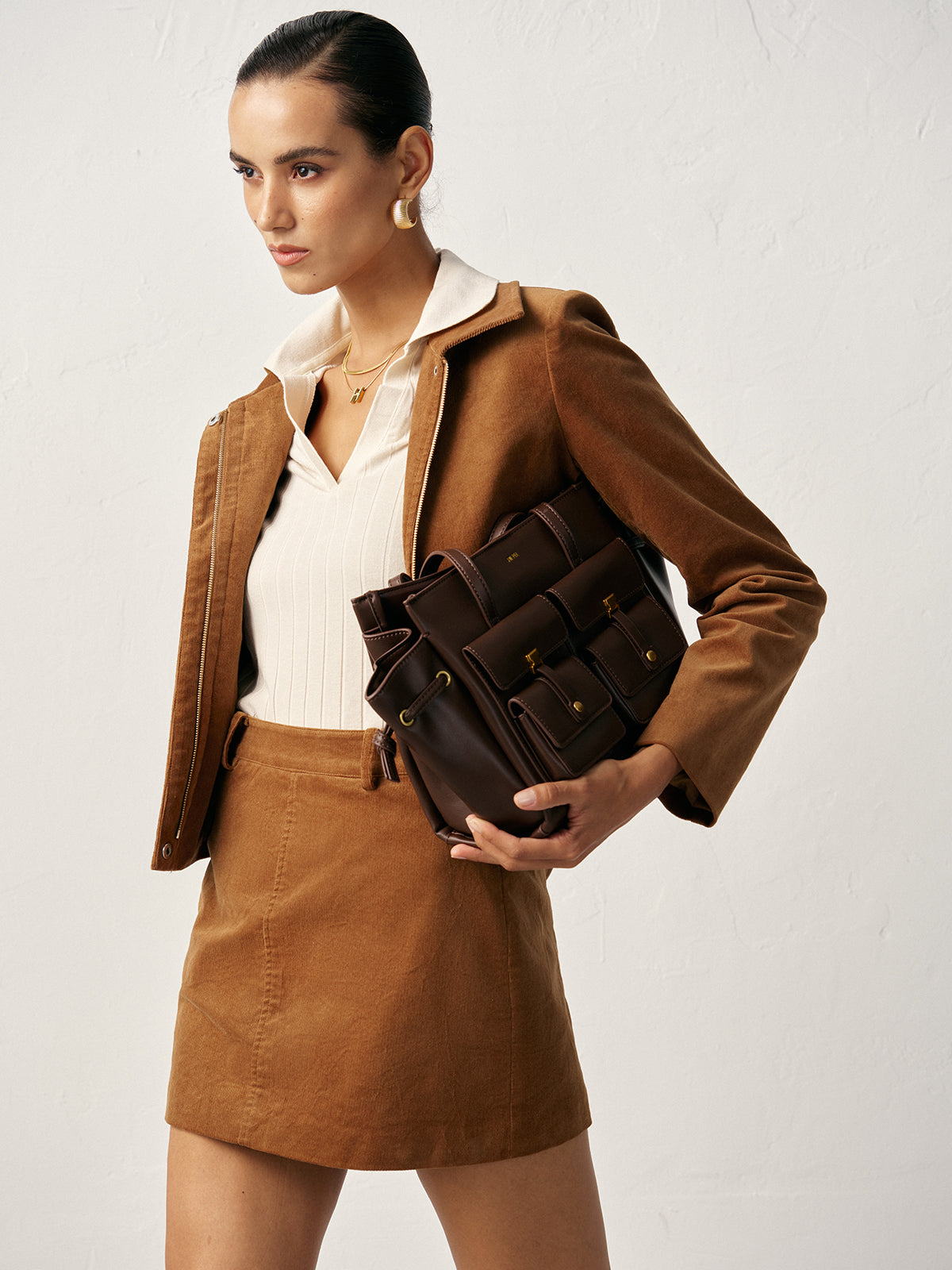 Corduroy Mid-Waist Mini Skirt-Chicvia