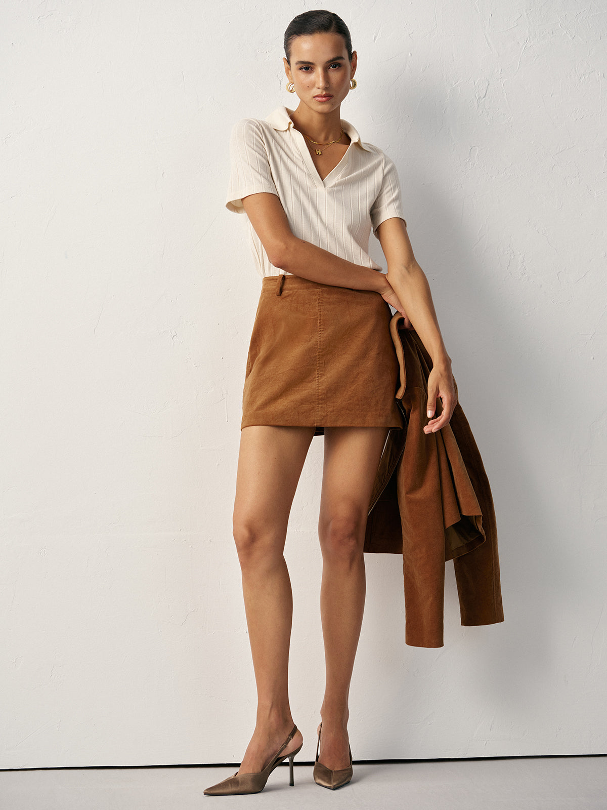 Corduroy Mid-Waist Mini Skirt-Chicvia