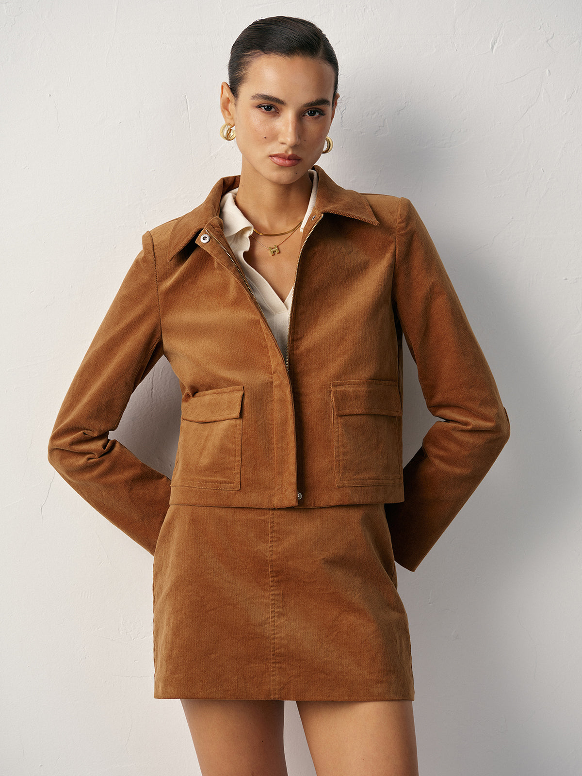 Corduroy Pocket Collared Jacket-Chicvia
