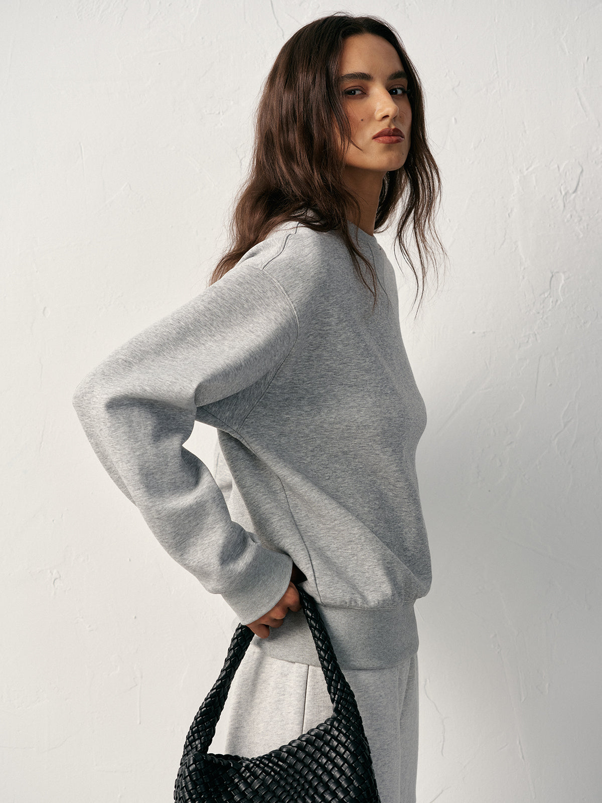 Cotton Blend Crew Neck Sweatshirt-Chicvia