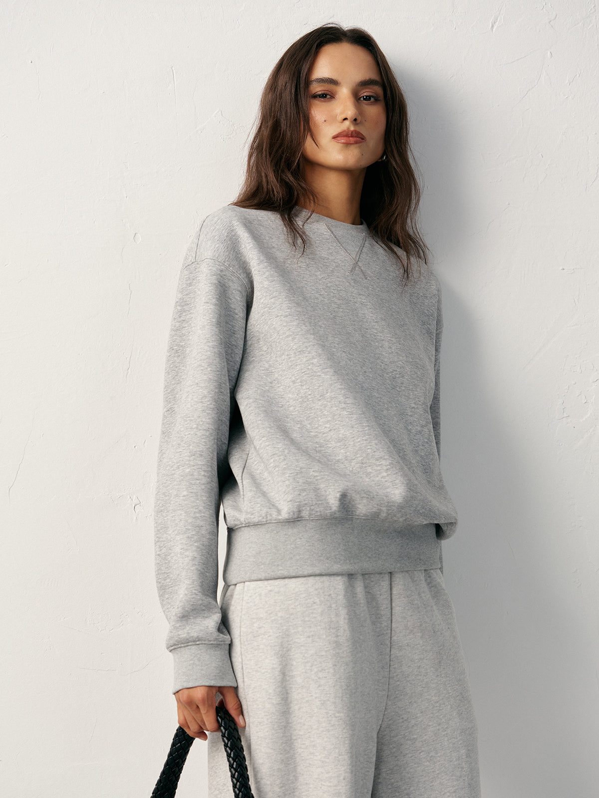 Cotton Blend Crew Neck Sweatshirt-Chicvia