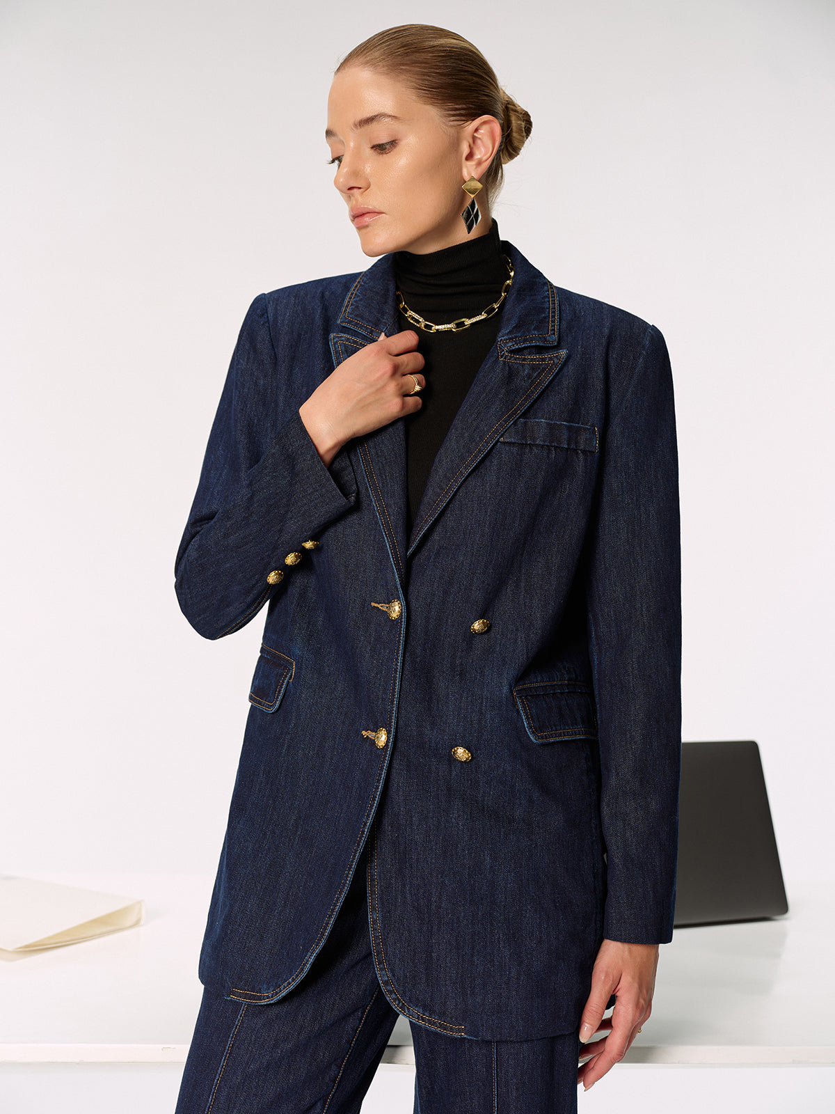 Denim Double Breasted Blazer-Chicvia