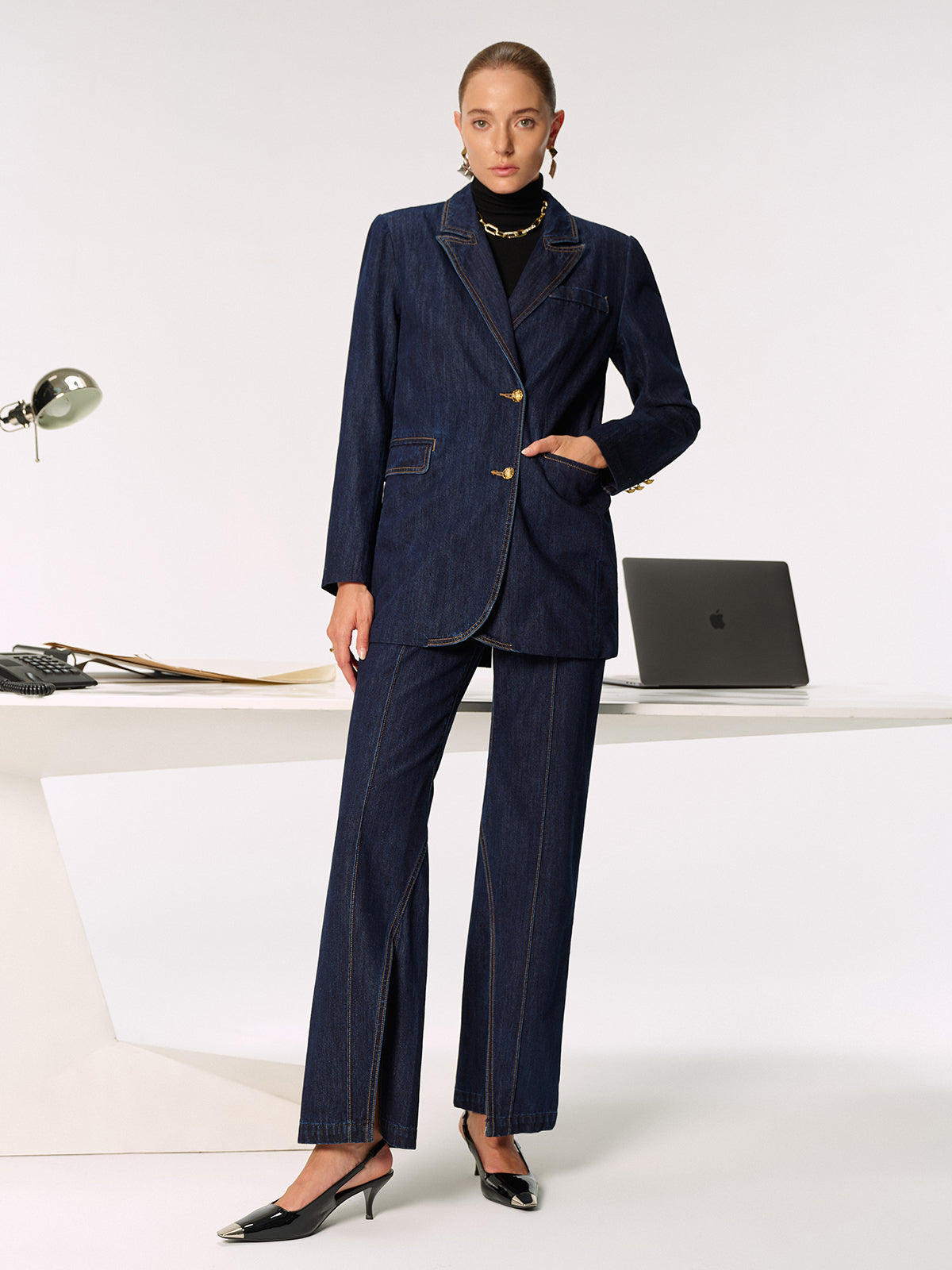 Denim Double Breasted Blazer-Chicvia