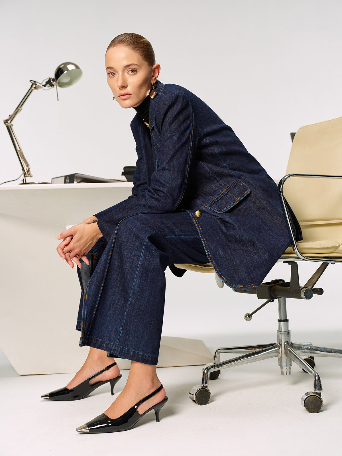 Denim Double Breasted Blazer-Chicvia