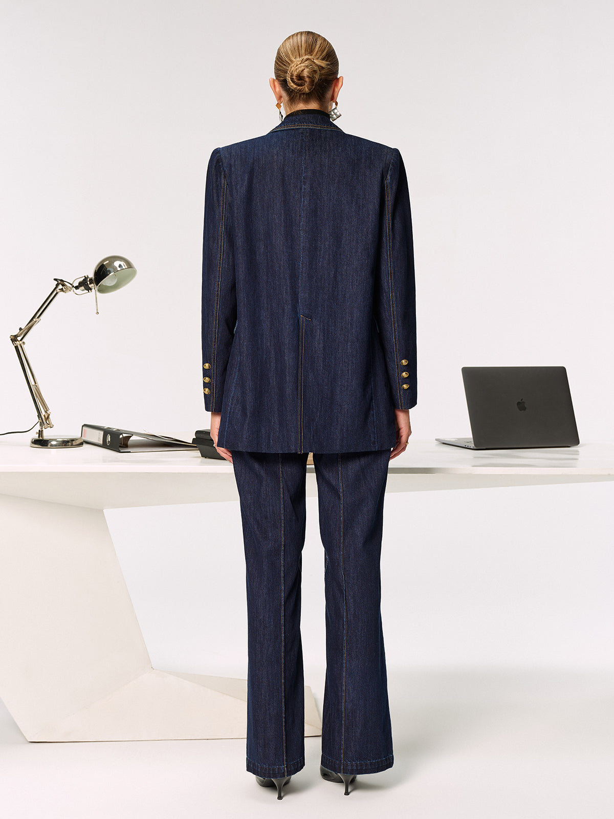 Denim Double Breasted Blazer-Chicvia