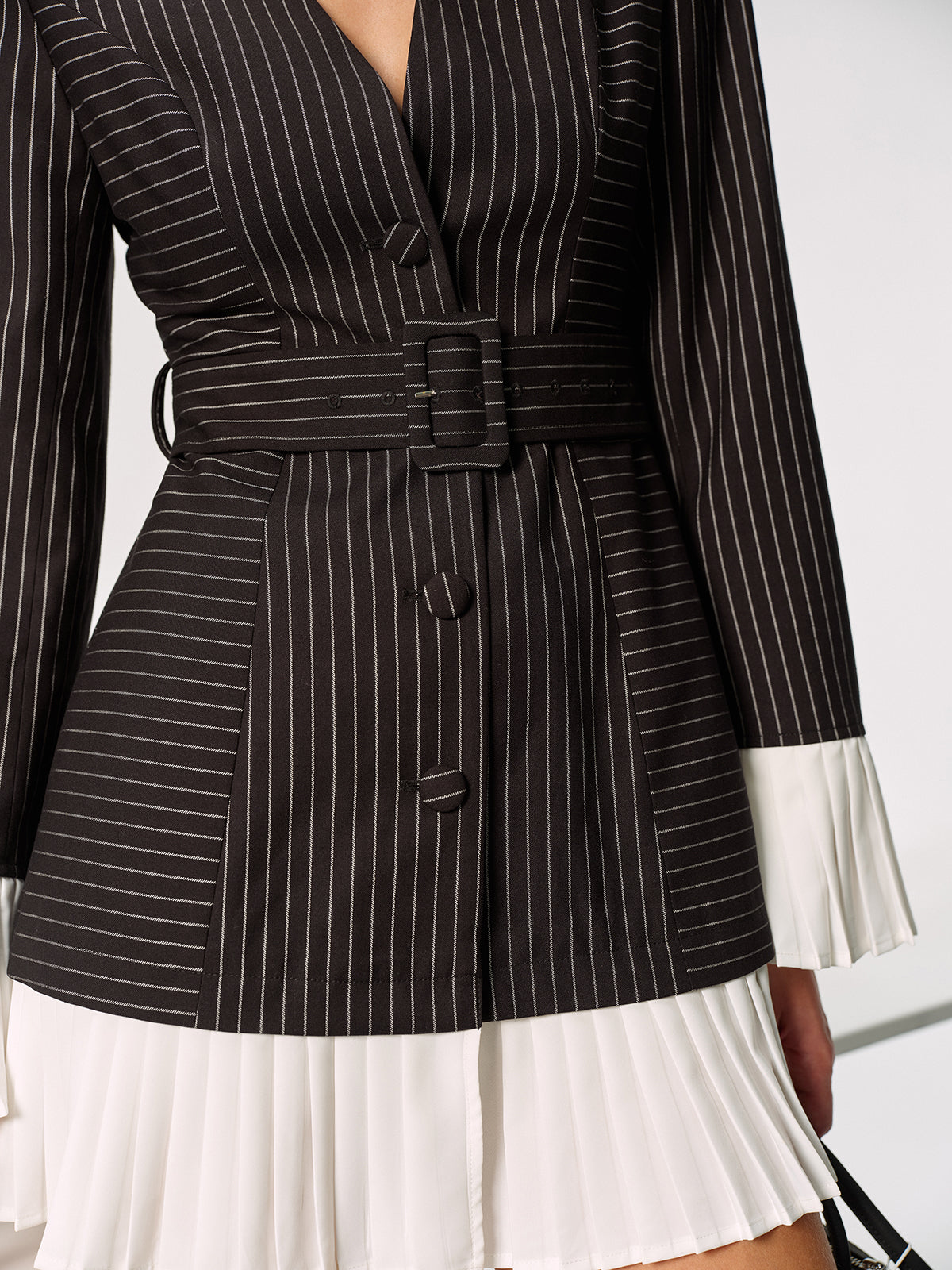 Contrast Pleated Panel Pinstriped Belted Blazer Dress-Chicvia