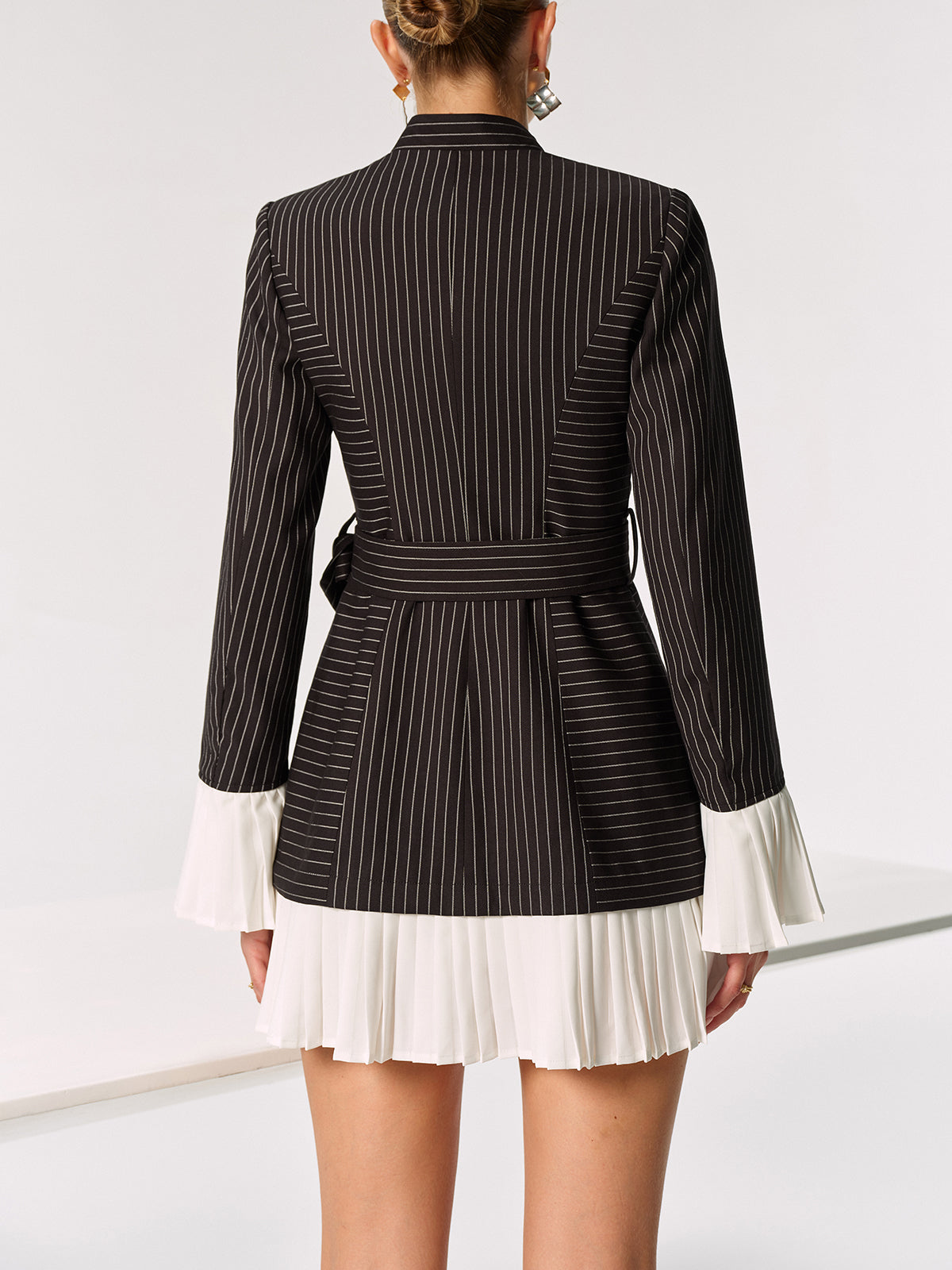Contrast Pleated Panel Pinstriped Belted Blazer Dress-Chicvia