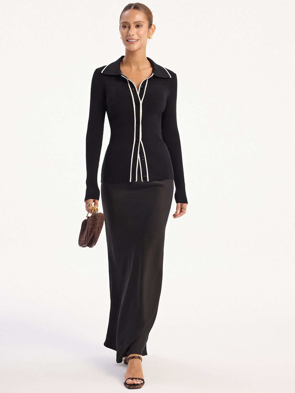 Contrast-Trim Polo Collar Knit Cardigan-Chicvia