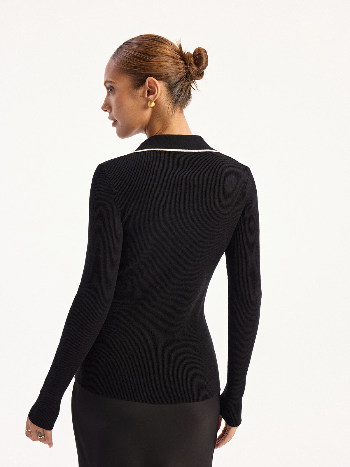 Contrast-Trim Polo Collar Knit Cardigan-Chicvia