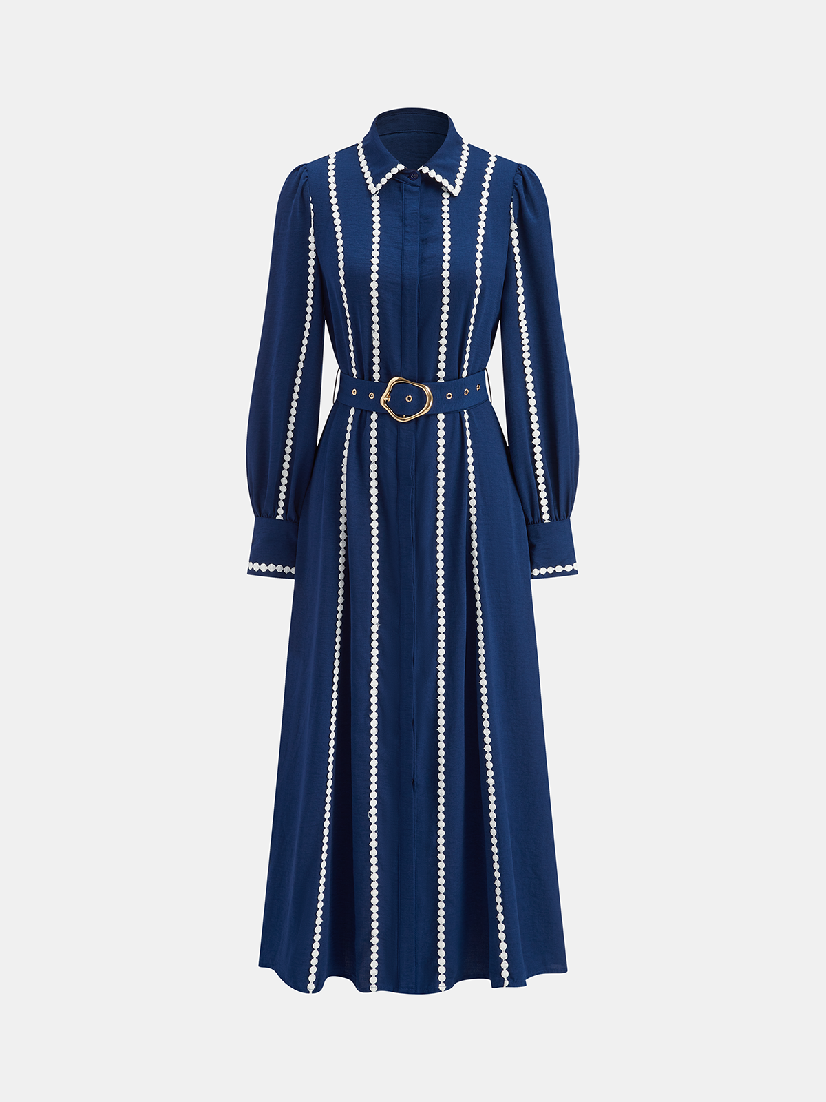 Contrast Lace-Trimmed Belted Shirt Dress-Chicvia