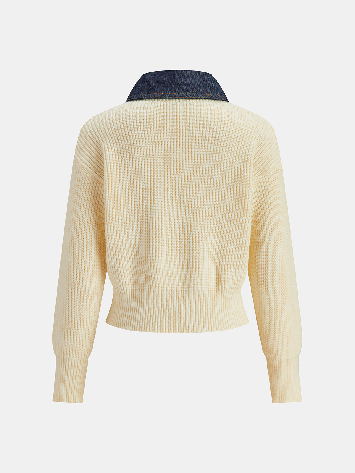 Denim Panel Zip Knitted Cardigan-Chicvia