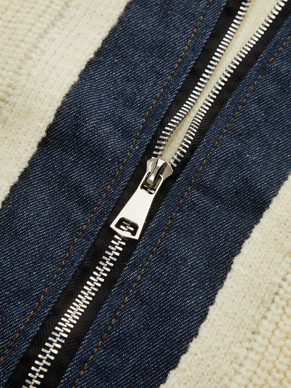 Denim Panel Zip Knitted Cardigan-Chicvia