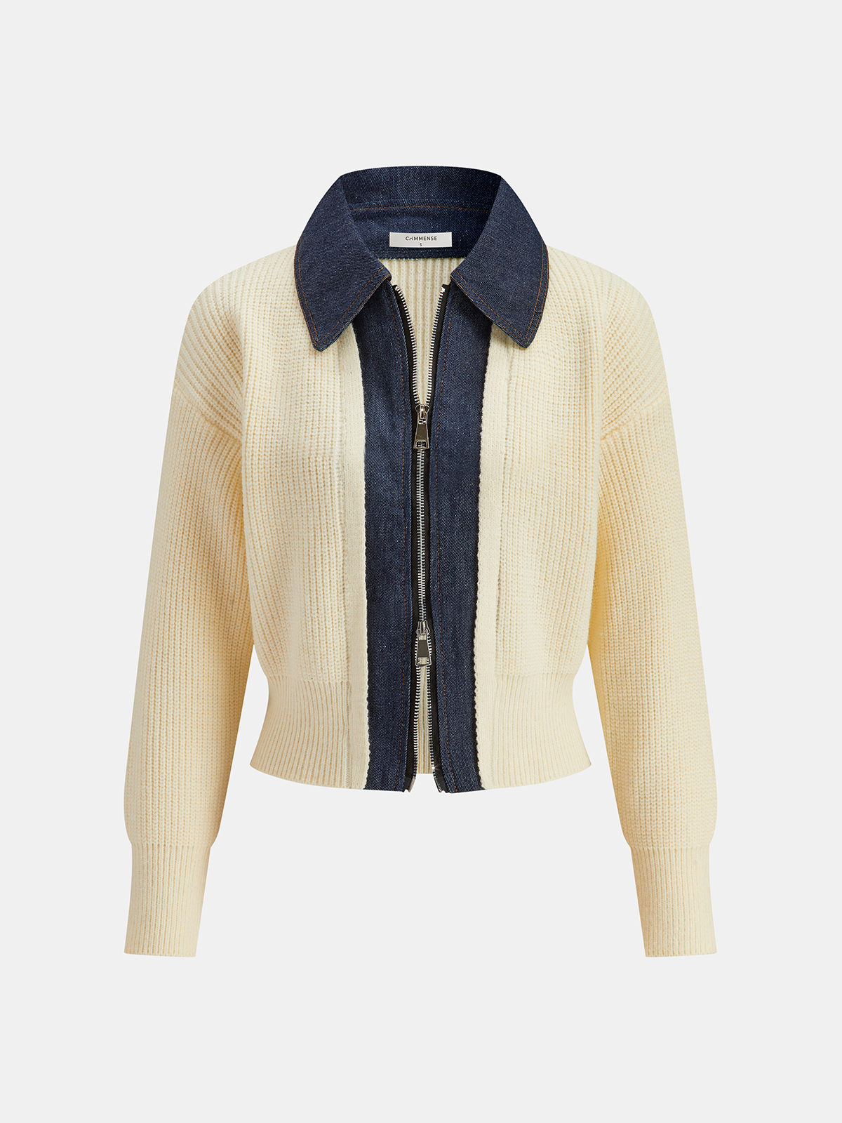 Denim Panel Zip Knitted Cardigan-Chicvia