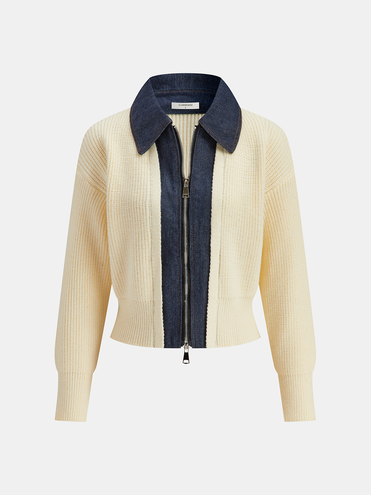 Denim Panel Zip Knitted Cardigan-Chicvia