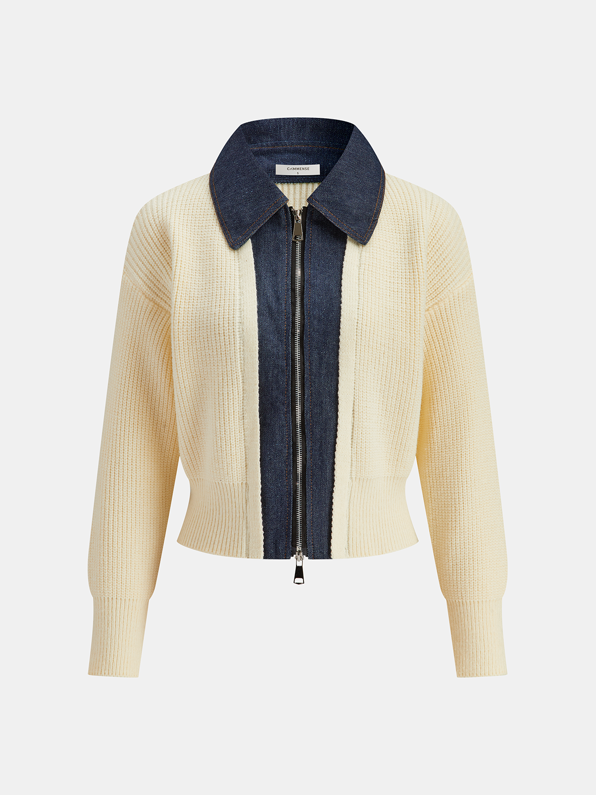 Denim Panel Zip Knitted Cardigan-Chicvia