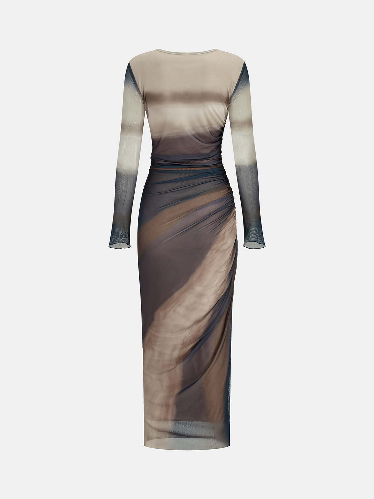 Ombre Long Sleeve Ruched Mesh Maxi Dress-Chicvia