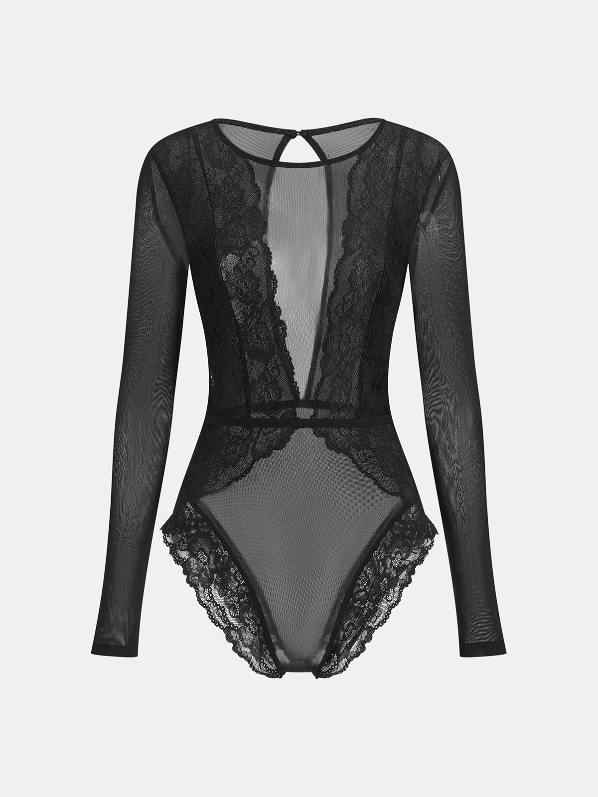 Long Sleeve Sheer Lace Mesh Bodysuit-Chicvia