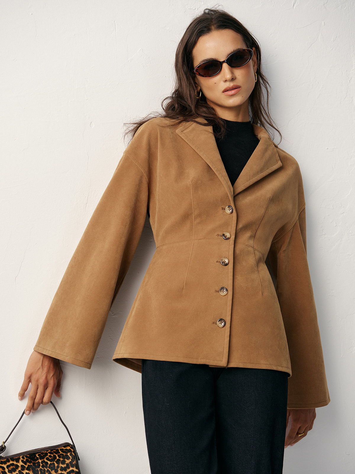 Flared Sleeve Suede Effect Blazer-Chicvia