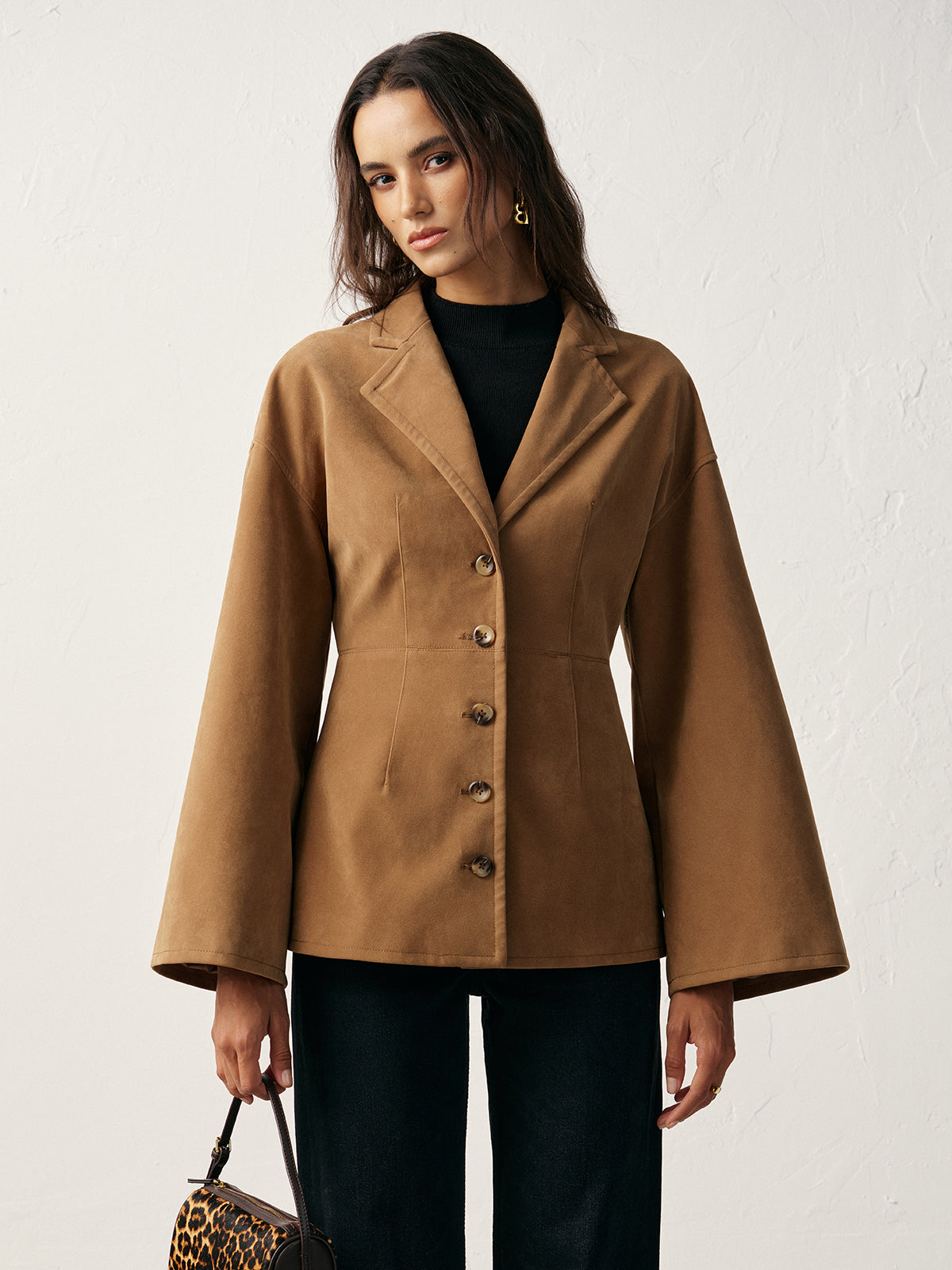 Flared Sleeve Suede Effect Blazer-Chicvia