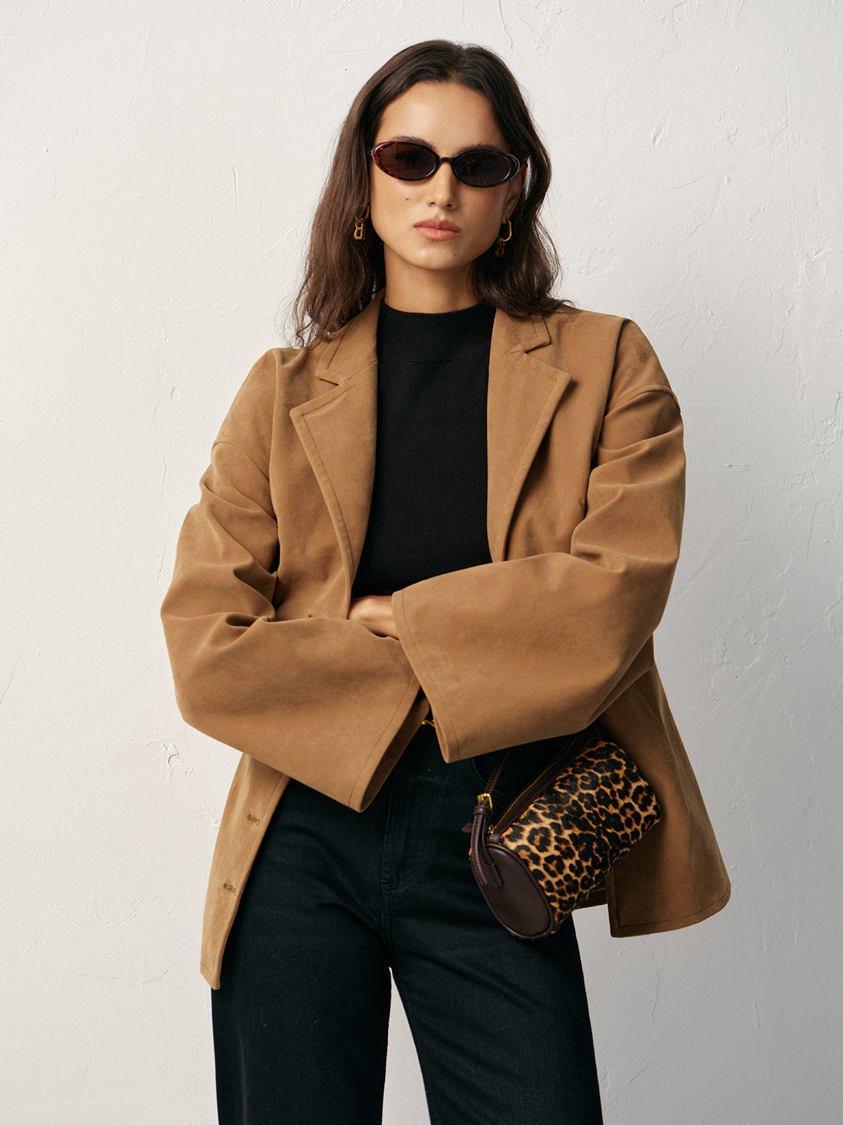 Flared Sleeve Suede Effect Blazer-Chicvia