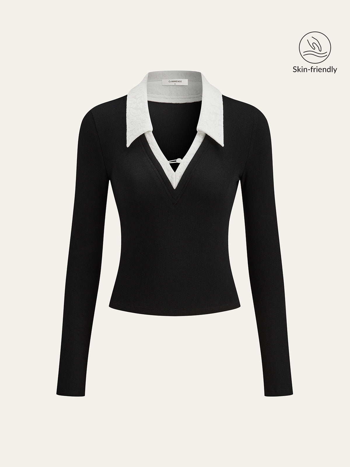 Lace Trim Collar Cotton Blend T-Shirt-Chicvia