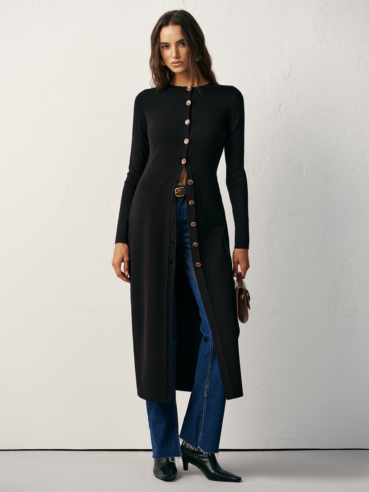 Button-Front Maxi Knit Cardigan Dress-Chicvia