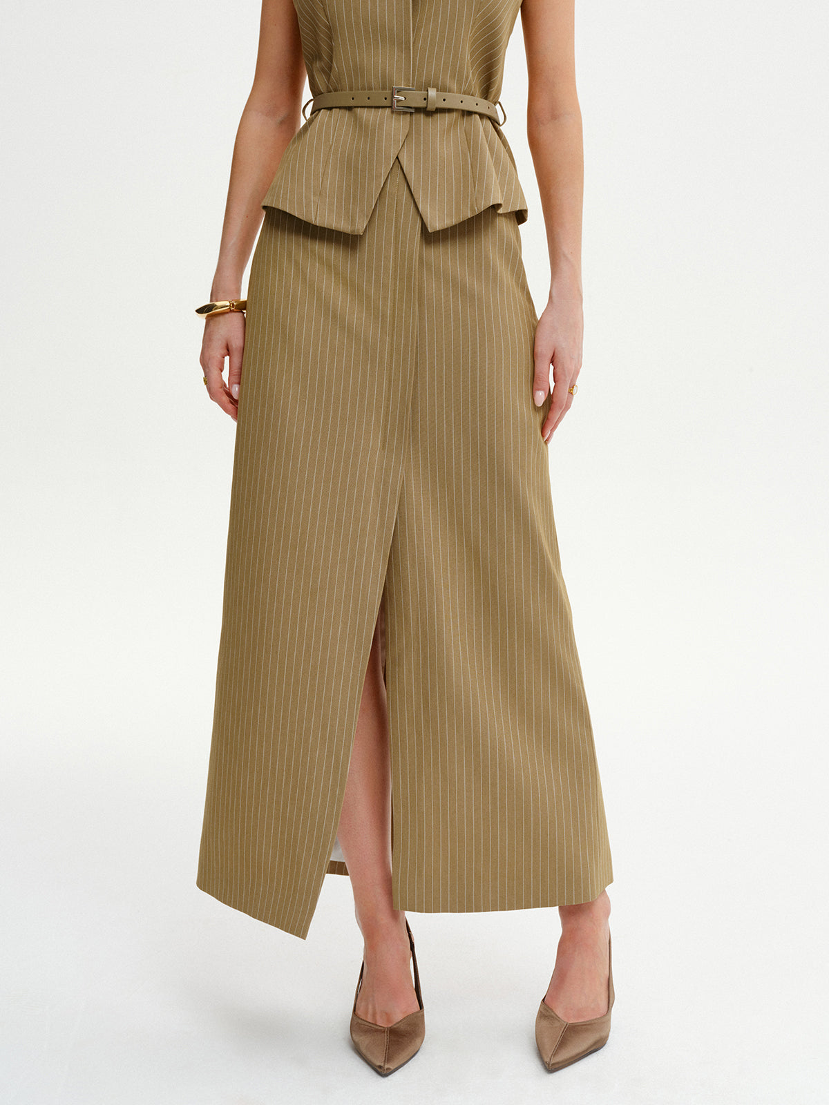 Pinstripe Slit Midi Skirt-Chicvia