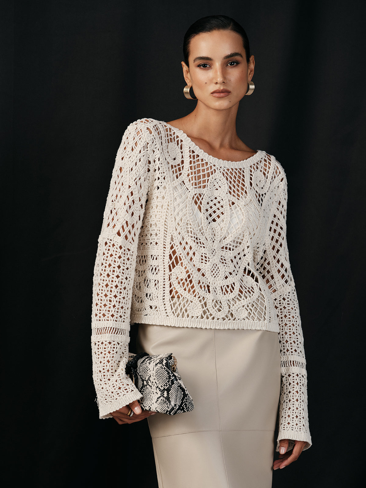 Cotton Crochet Long Sleeve Knit Top-Chicvia