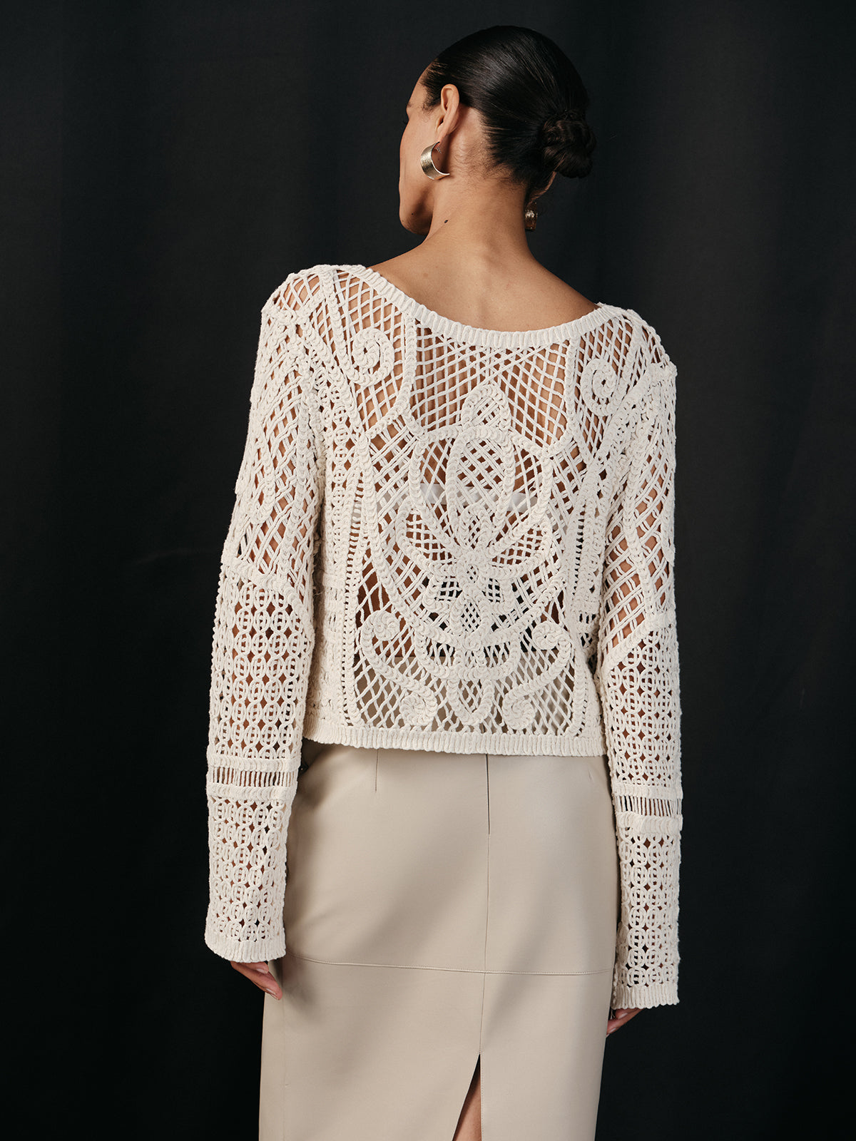 Cotton Crochet Long Sleeve Knit Top-Chicvia