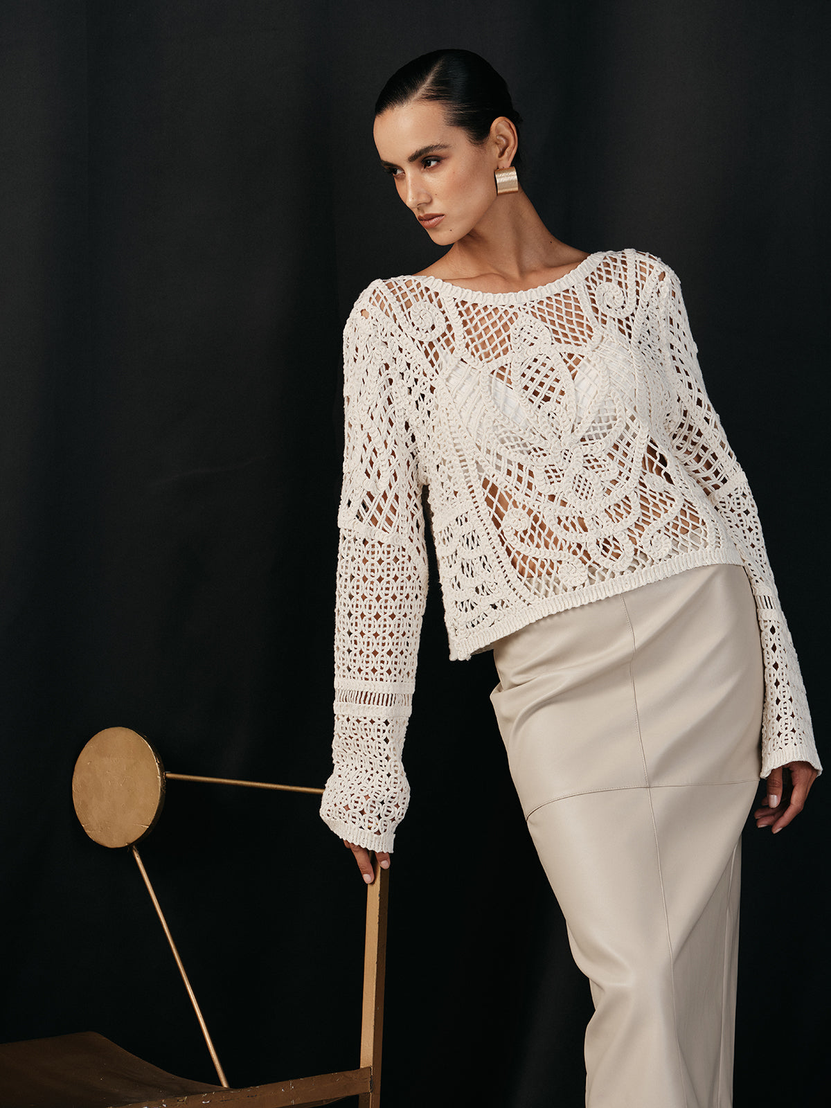 Cotton Crochet Long Sleeve Knit Top-Chicvia