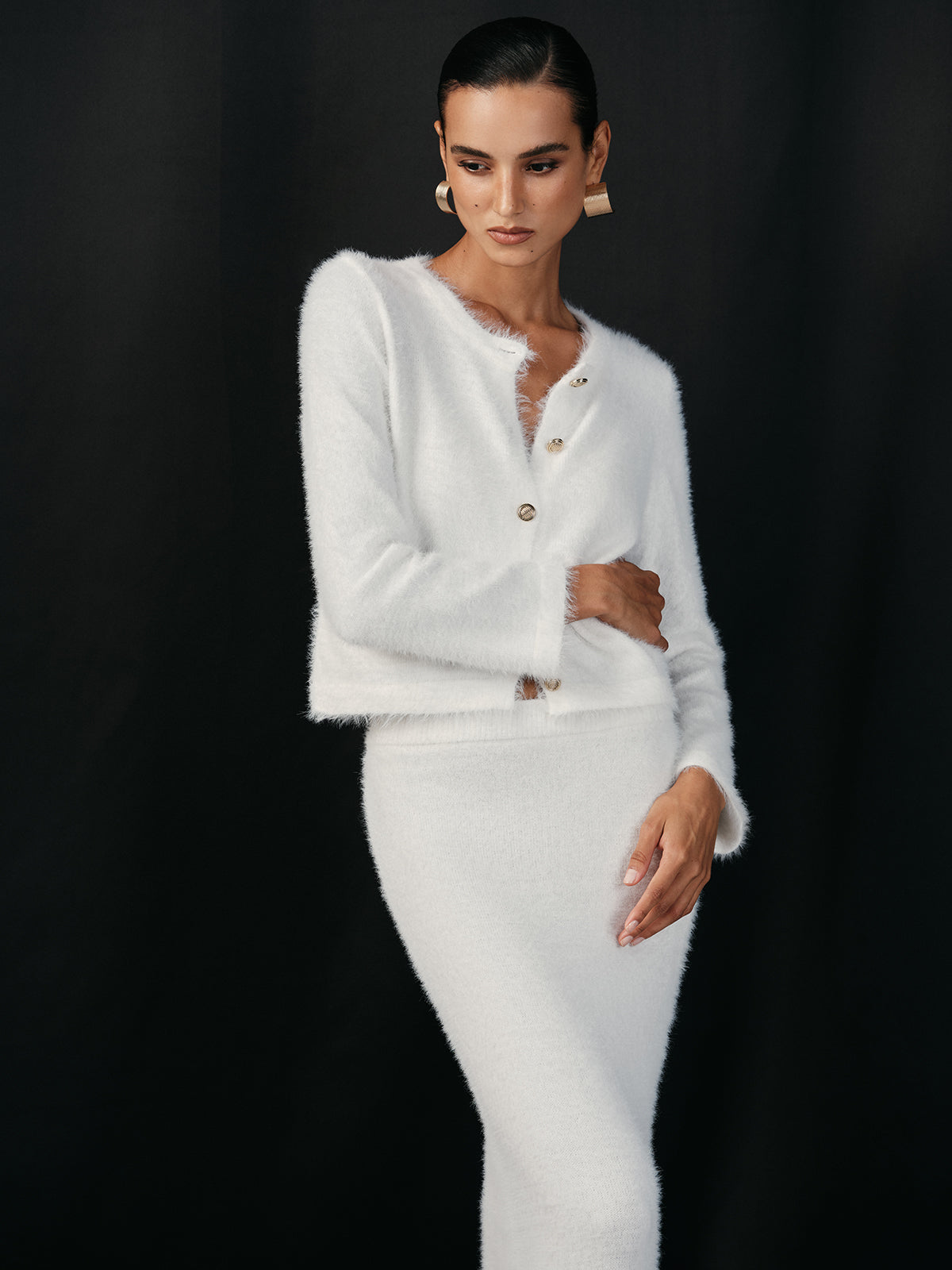 Fluffy Metal Button Cardigan and Skirt Set-Chicvia