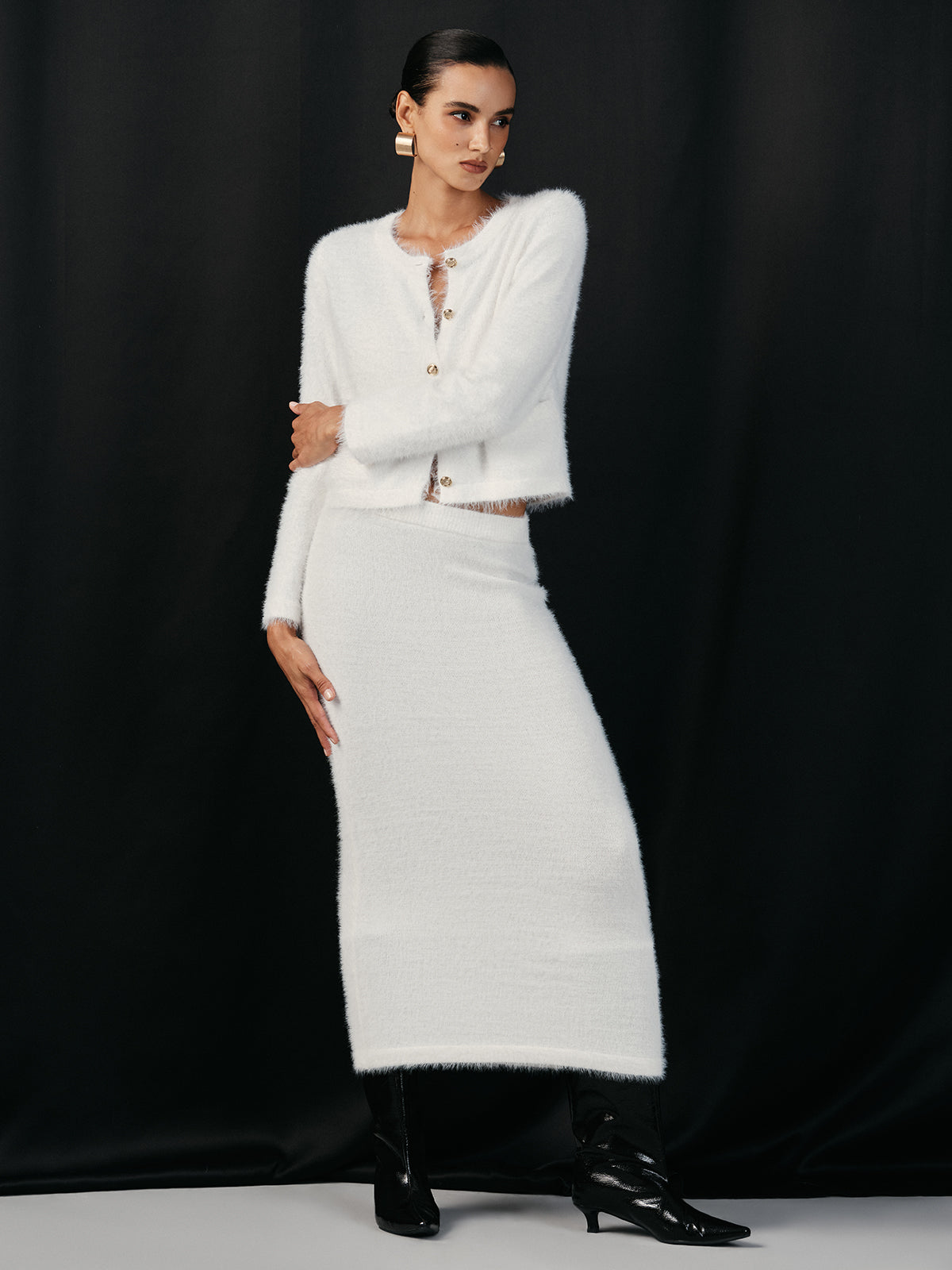 Fluffy Metal Button Cardigan and Skirt Set-Chicvia