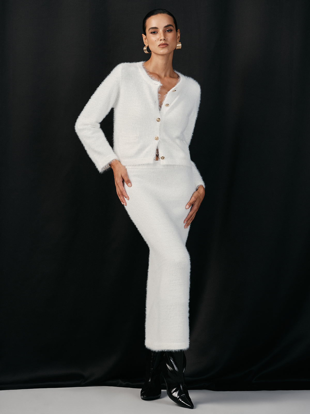 Fluffy Metal Button Cardigan and Skirt Set-Chicvia