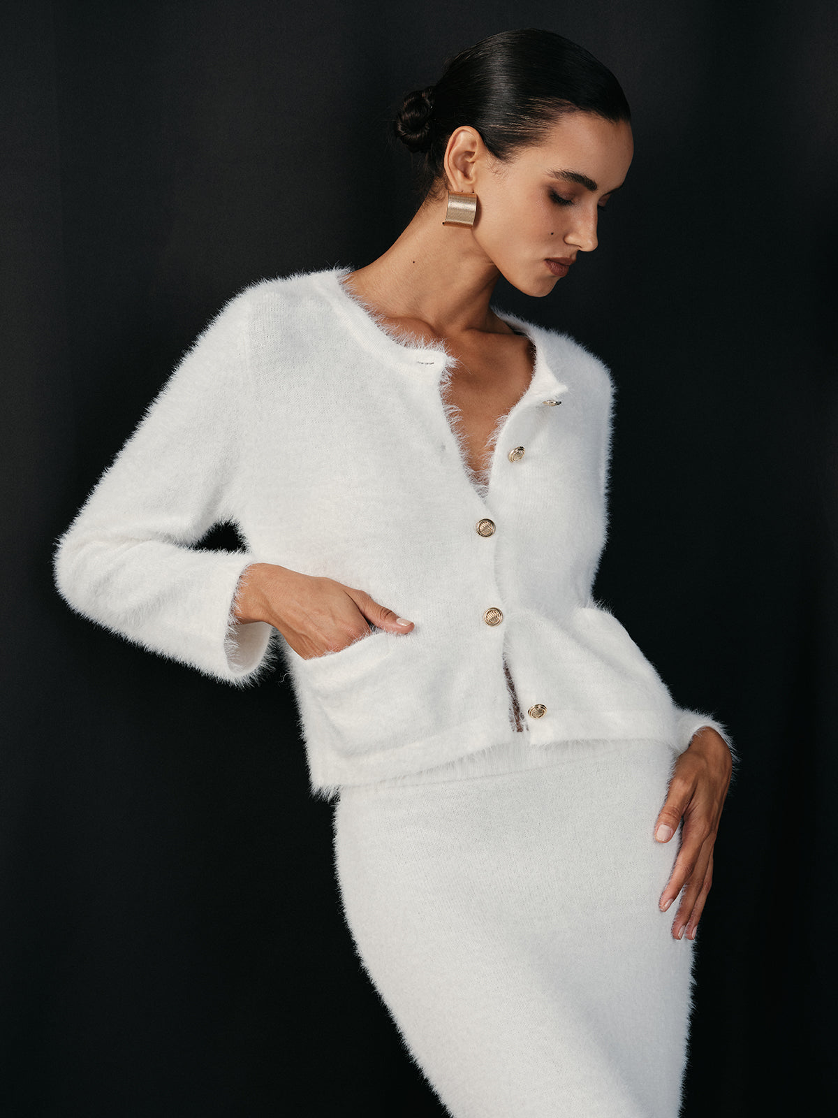 Fluffy Metal Button Cardigan and Skirt Set-Chicvia