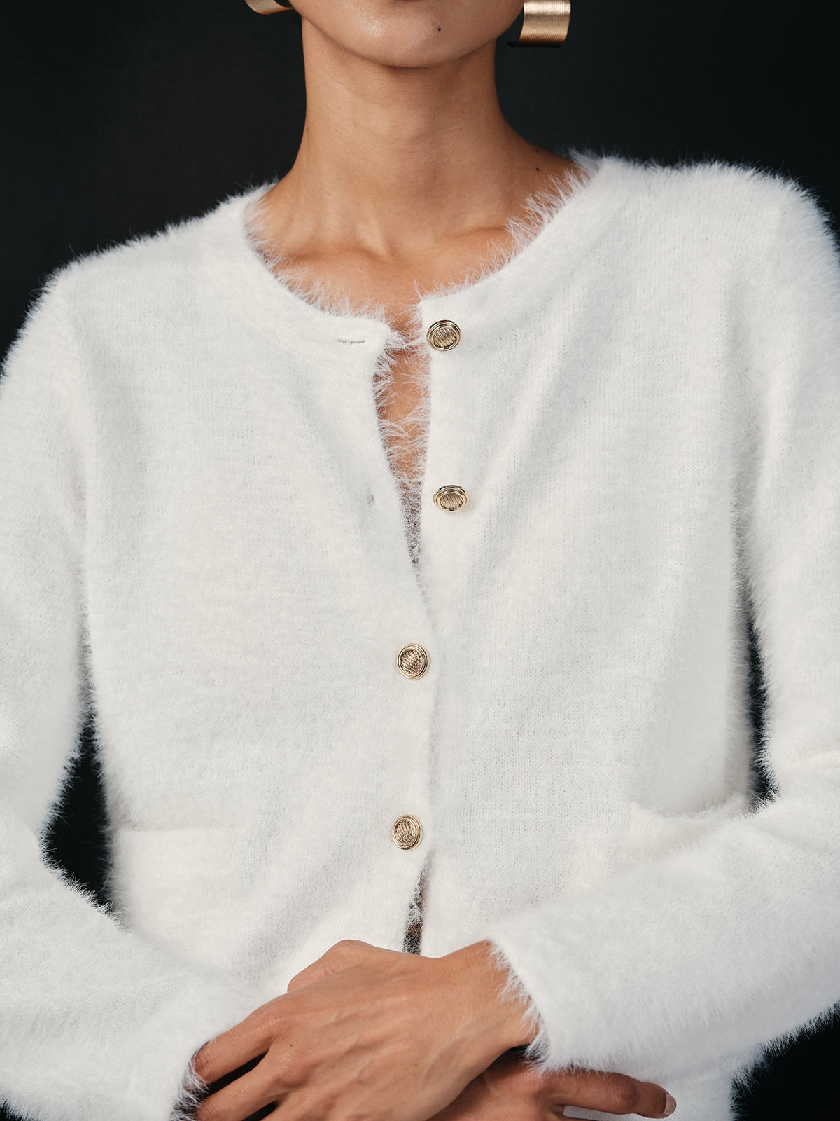 Fluffy Metal Button Cardigan and Skirt Set-Chicvia