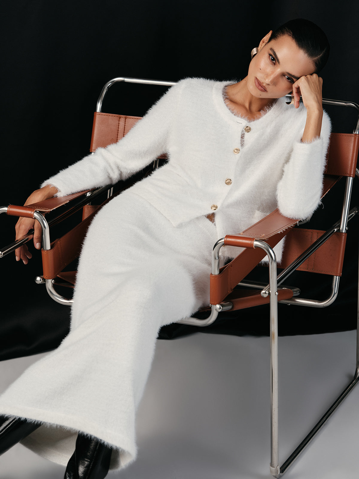 Fluffy Metal Button Cardigan and Skirt Set-Chicvia