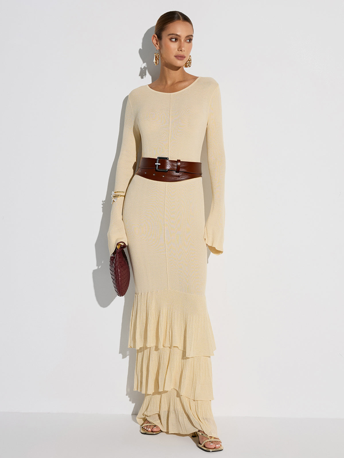 Layered Ruffled Hem Knit Maxi Dress-Chicvia