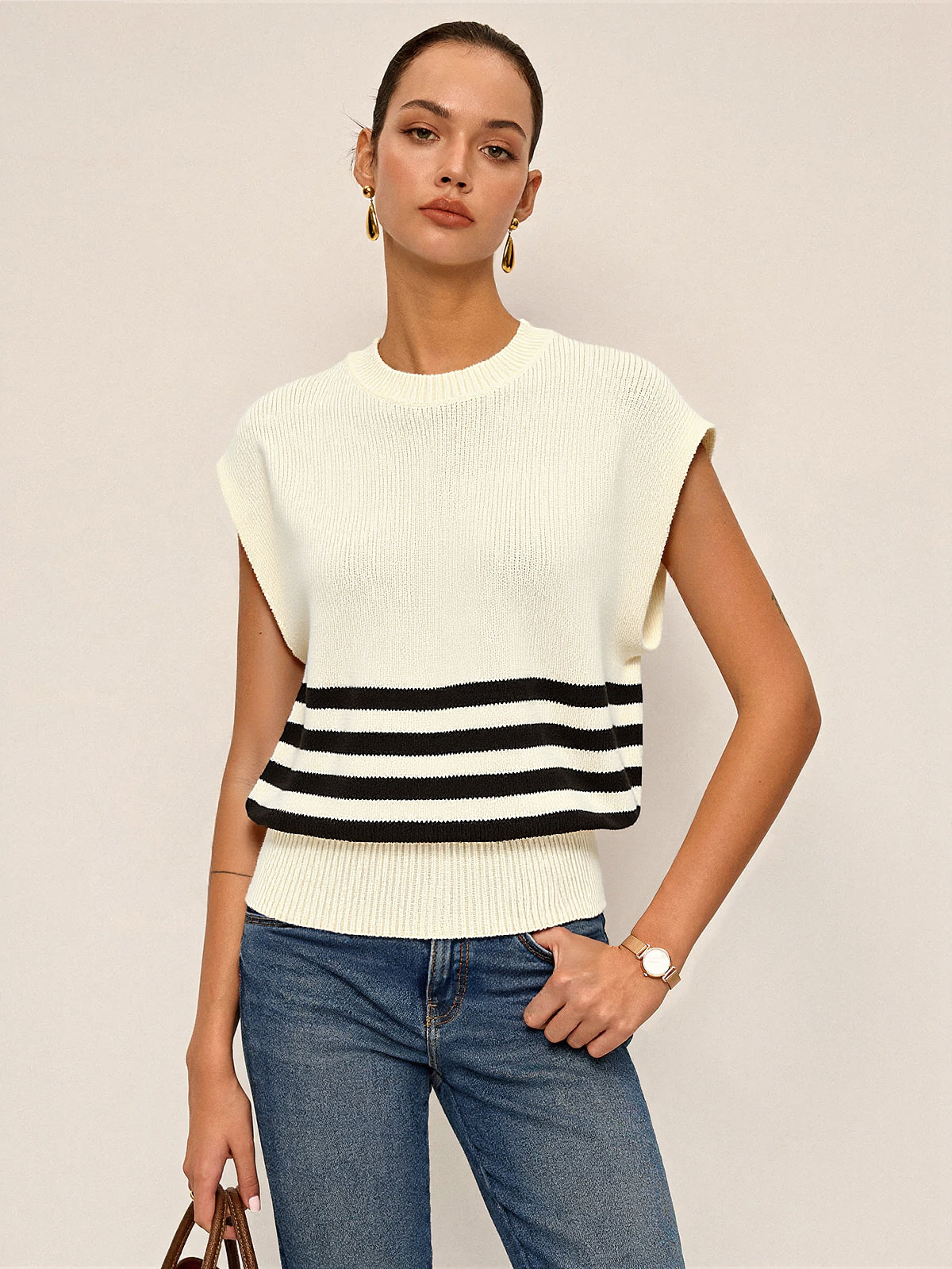Cropped Stripe Sweater Vest-Chicvia
