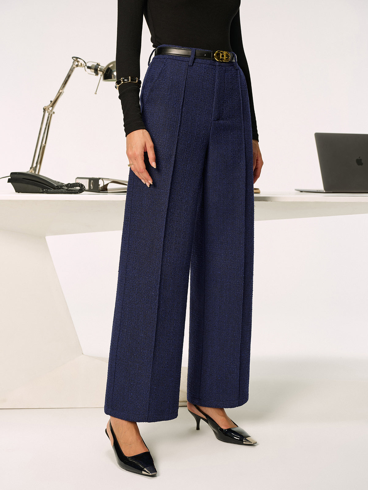 Mid-Waist Tweed Straight-Leg Pants without Belt-Chicvia